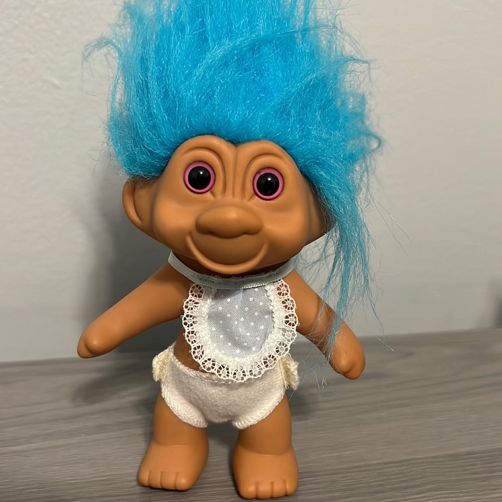 Vintage TNT Baby Troll with Bib and Diaper, Blue Hair, 1991